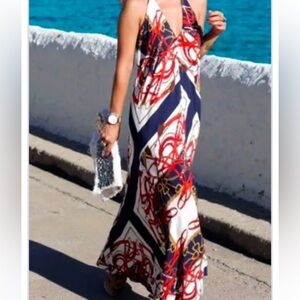 Zara Navy and Red Backless Maxi Dress